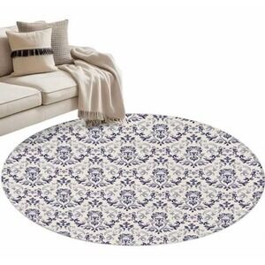 Round Damask Area Rug Blue Ivory 3D Printed Soft Non Slip Washable 36"‎